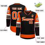 Custom Black Orange-White Personalized Raglan Sleeves V-Neck Hockey Jersey