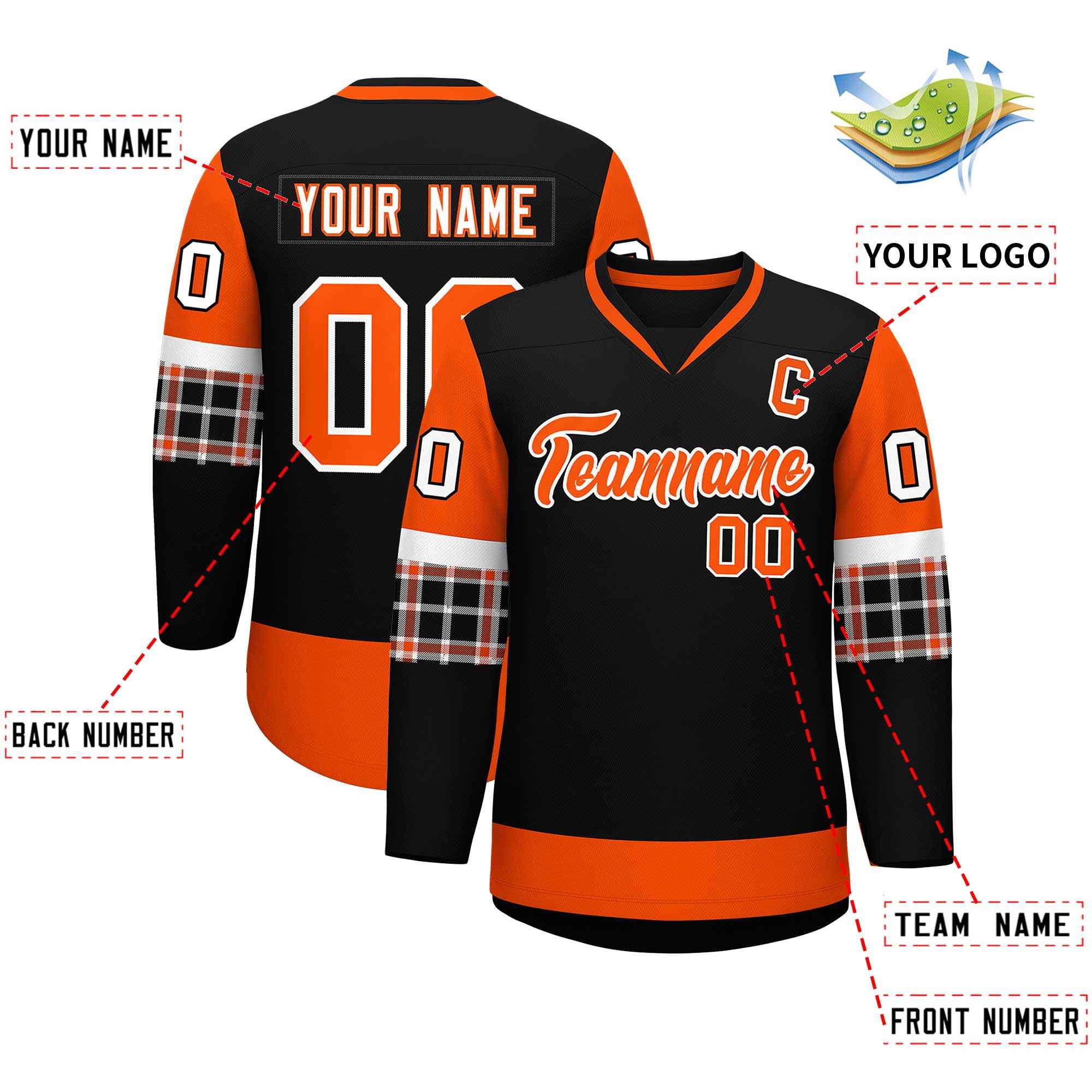 Custom Black Orange-White Personalized Raglan Sleeves V-Neck Hockey Jersey