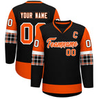 Custom Black Orange-White Personalized Raglan Sleeves V-Neck Hockey Jersey