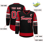 Custom Black Red-White Personalized Raglan Sleeves V-Neck Hockey Jersey