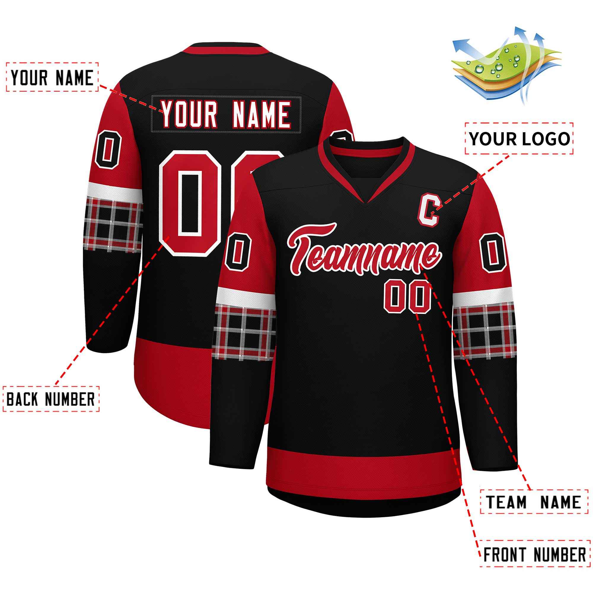 Custom Black Red-White Personalized Raglan Sleeves V-Neck Hockey Jersey