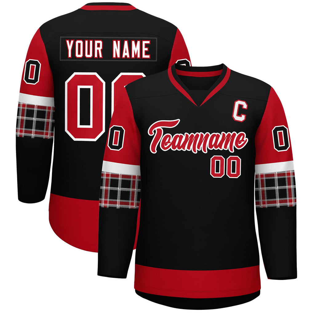 Custom Black Red-White Personalized Raglan Sleeves V-Neck Hockey Jersey