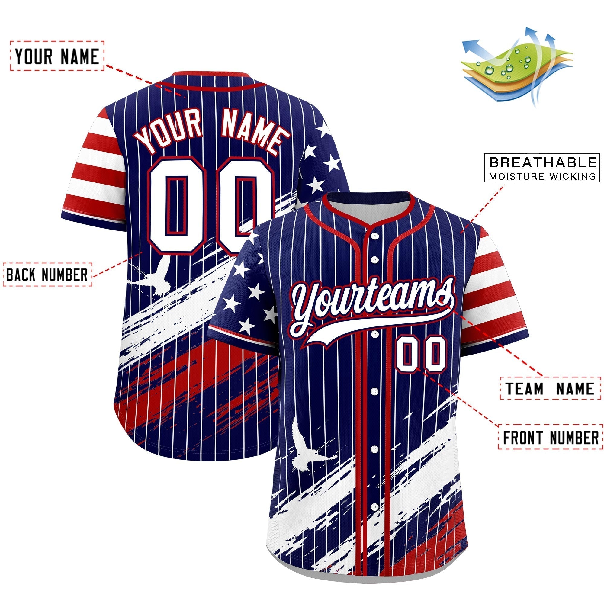 Custom Navy Baseball Jersey Graffiti Pattern Independence Day