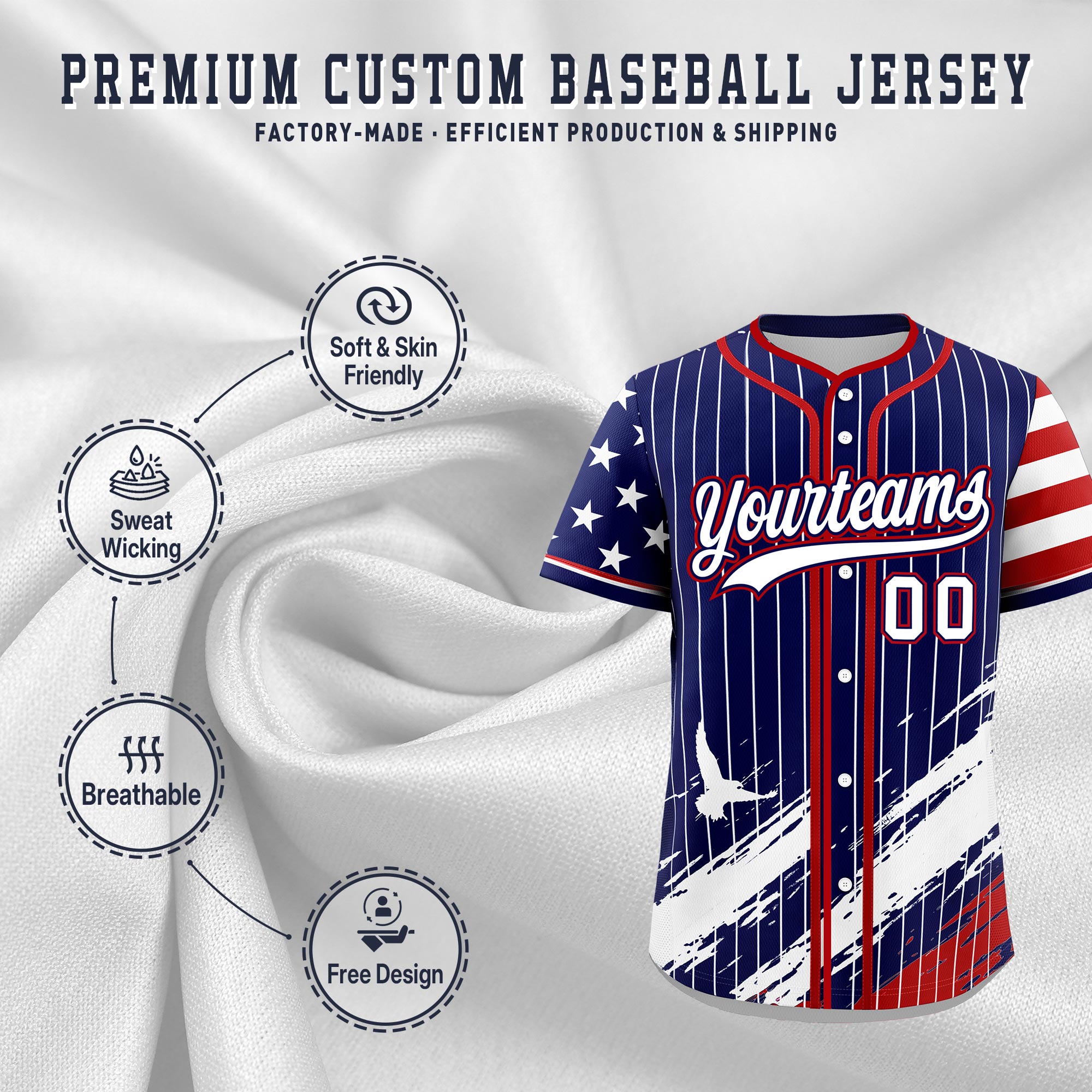 Custom Navy Baseball Jersey Graffiti Pattern Independence Day