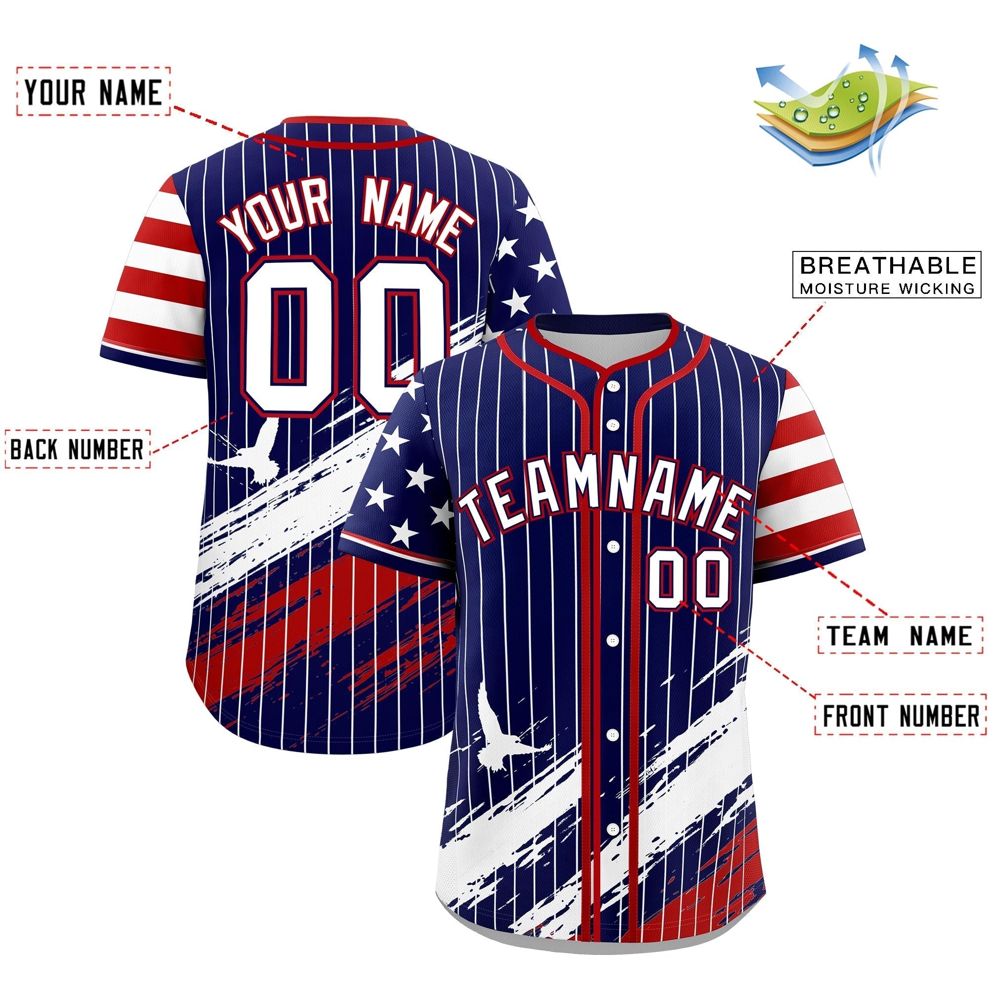 Custom Navy Baseball Jersey Graffiti Pattern Independence Day