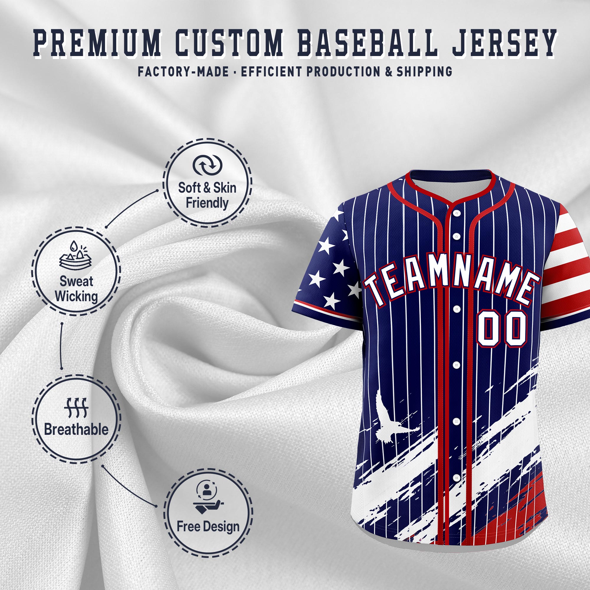 Custom Navy Baseball Jersey Graffiti Pattern Independence Day
