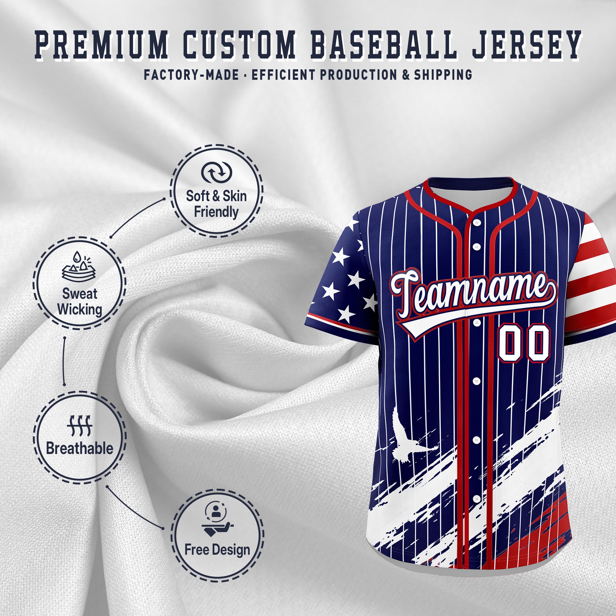 Custom Navy Baseball Jersey Graffiti Pattern Independence Day