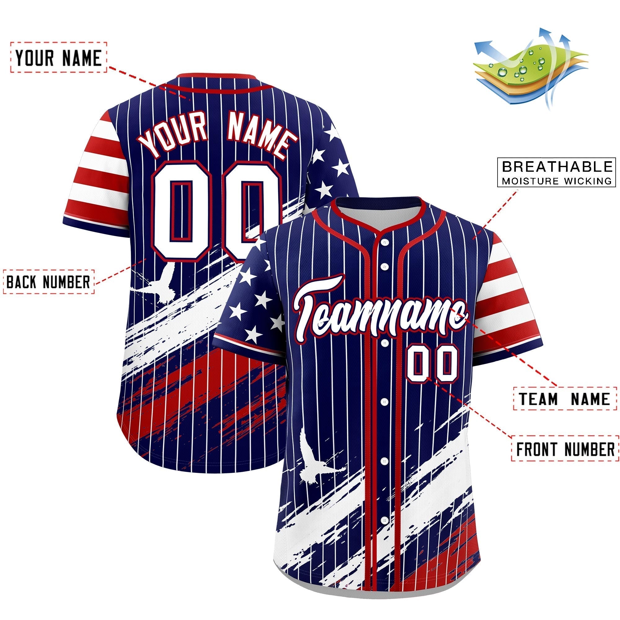 Custom Navy Baseball Jersey Graffiti Pattern Independence Day