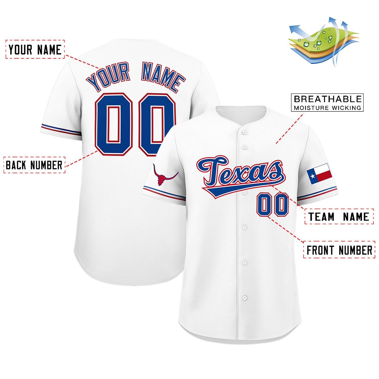 Custom White Royal Texas Flag Classic Style Authentic Baseball Jersey Secondary image