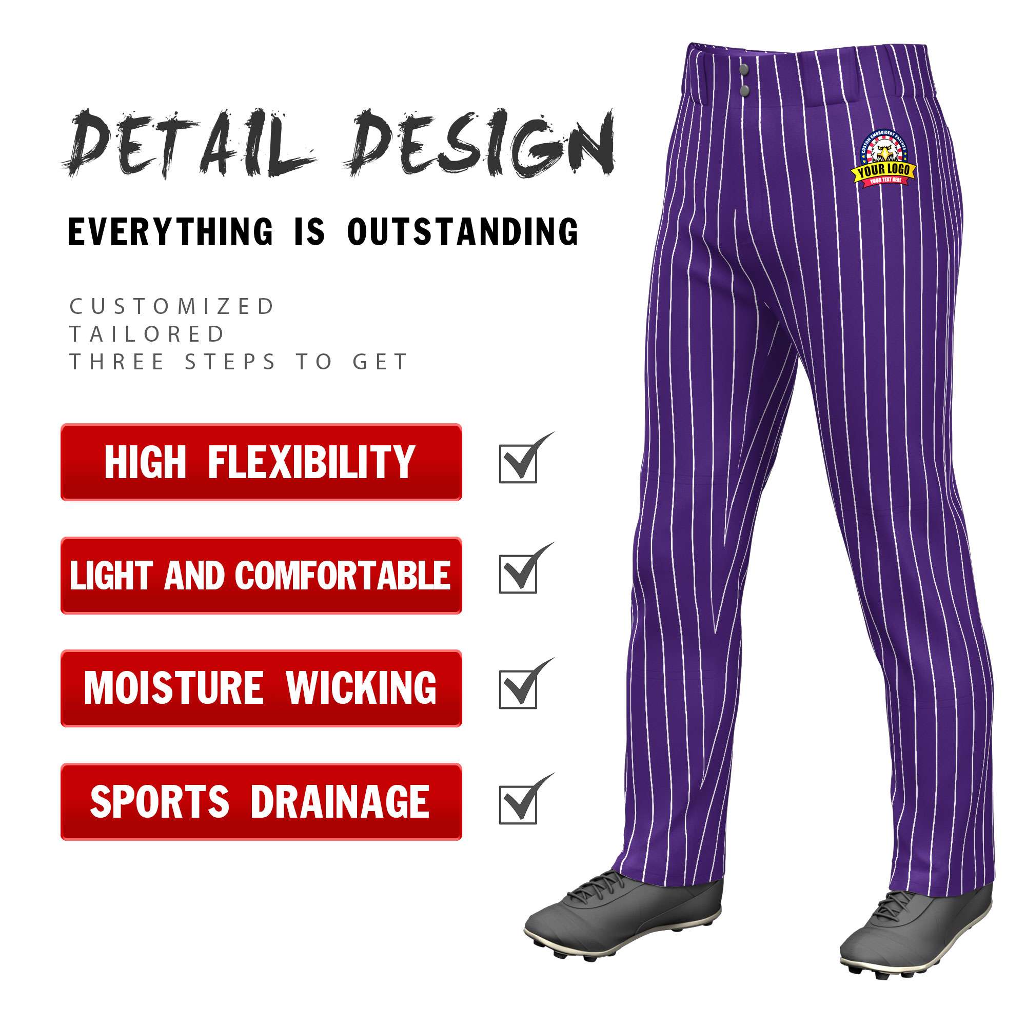 Custom Purple White Pinstripe Fit Stretch Practice Loose-fit Baseball Pants Secondary image