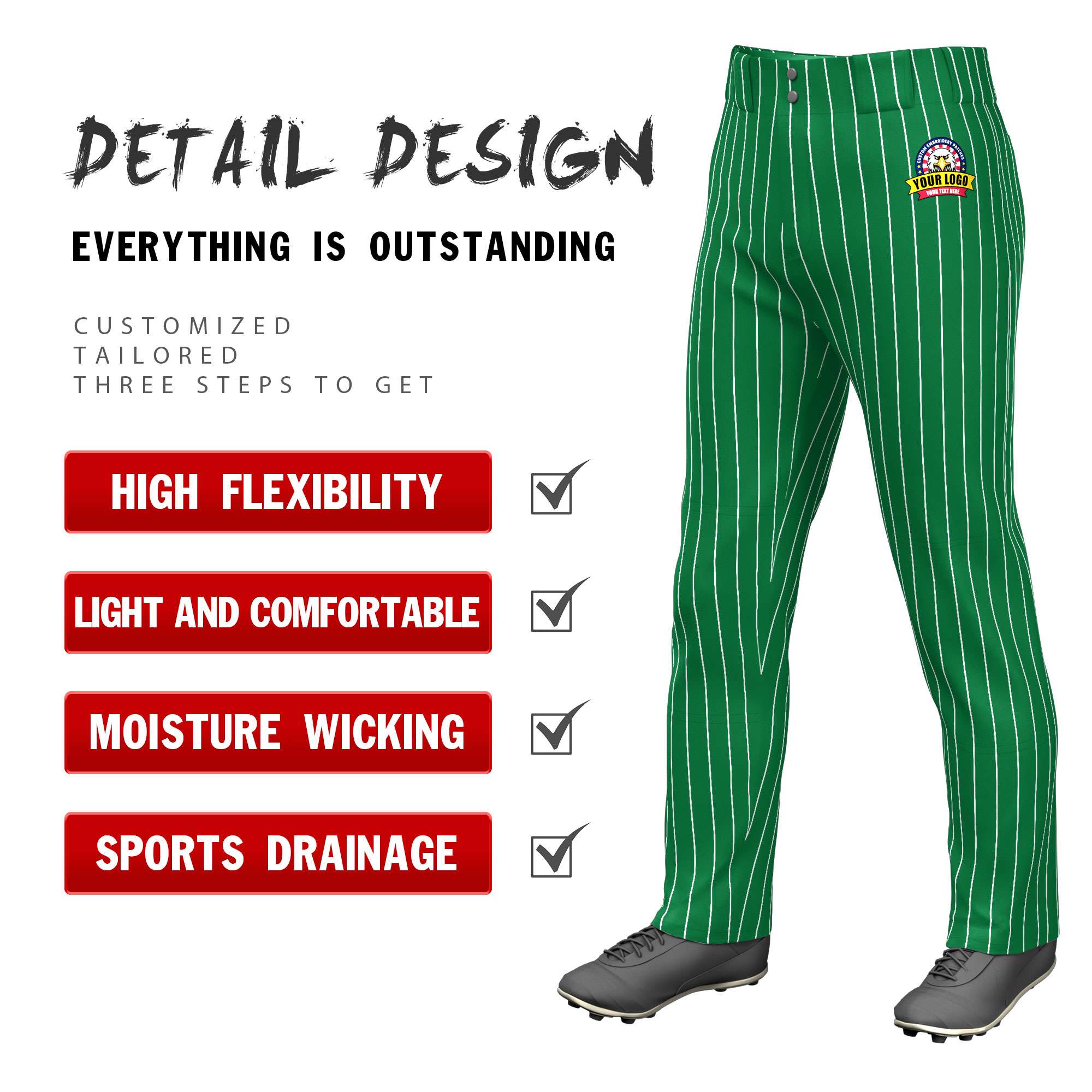 Custom Kelly Green White Pinstripe Fit Stretch Practice Loose-fit Baseball Pants Secondary image