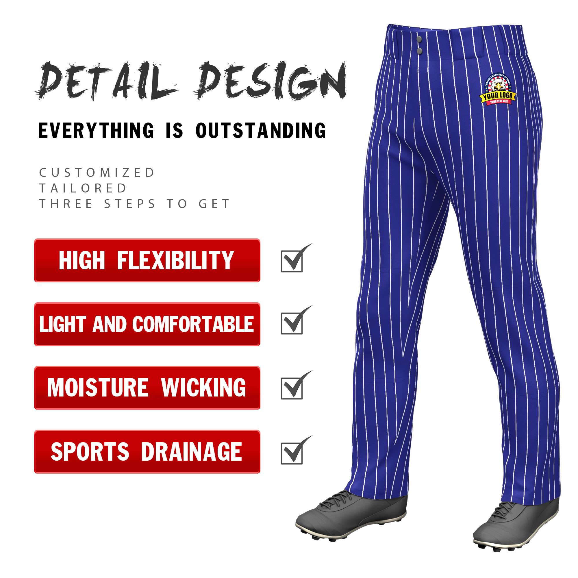 Custom Royal White Pinstripe Fit Stretch Practice Loose-fit Baseball Pants Secondary image