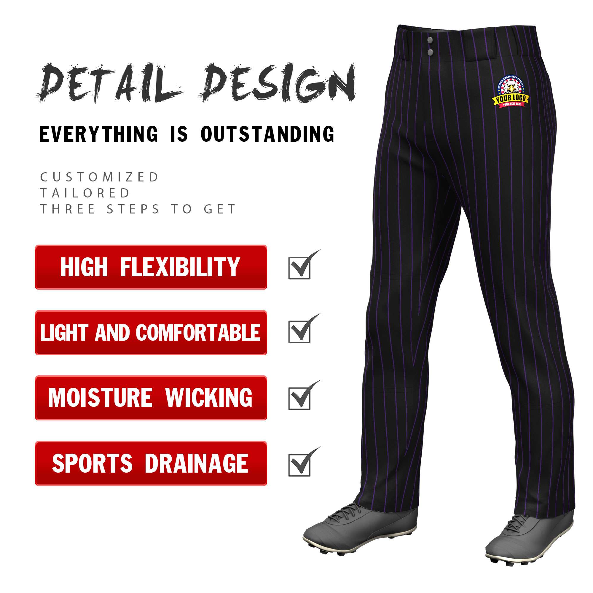 Custom Black Purple Pinstripe Fit Stretch Practice Loose-fit Baseball Pants Secondary image