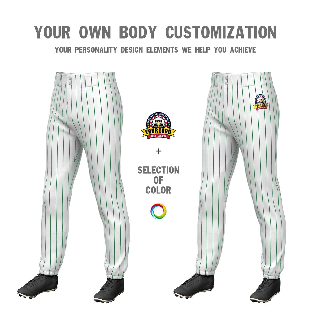 Custom White Kelly Green Pinstripe Fit Stretch Practice Pull Up Baseball Pants