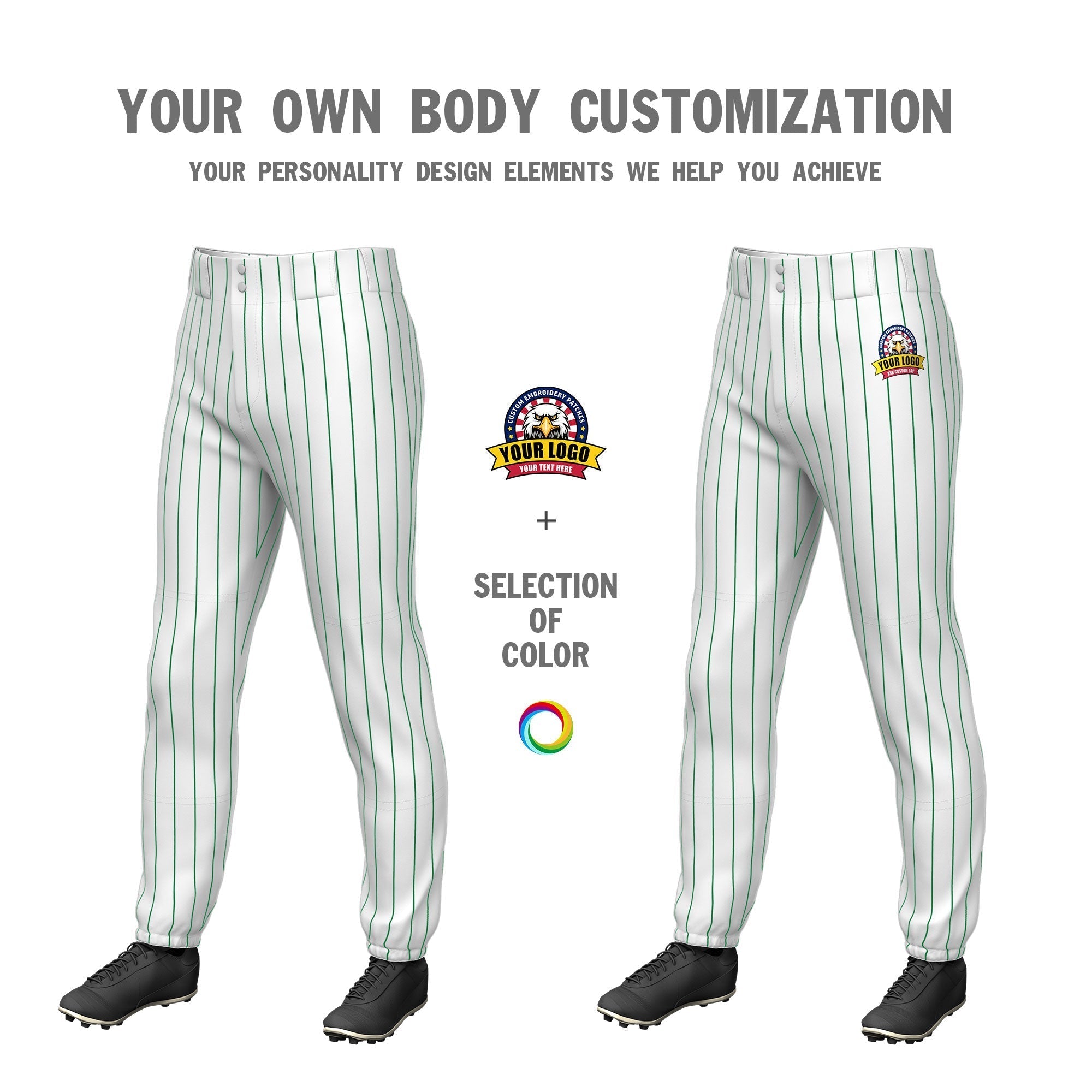 Custom White Kelly Green Pinstripe Fit Stretch Practice Pull Up Baseball Pants