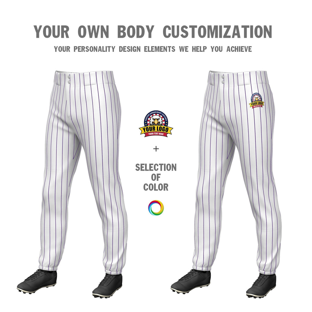 Custom White Purple Pinstripe Fit Stretch Practice Pull Up Baseball Pants
