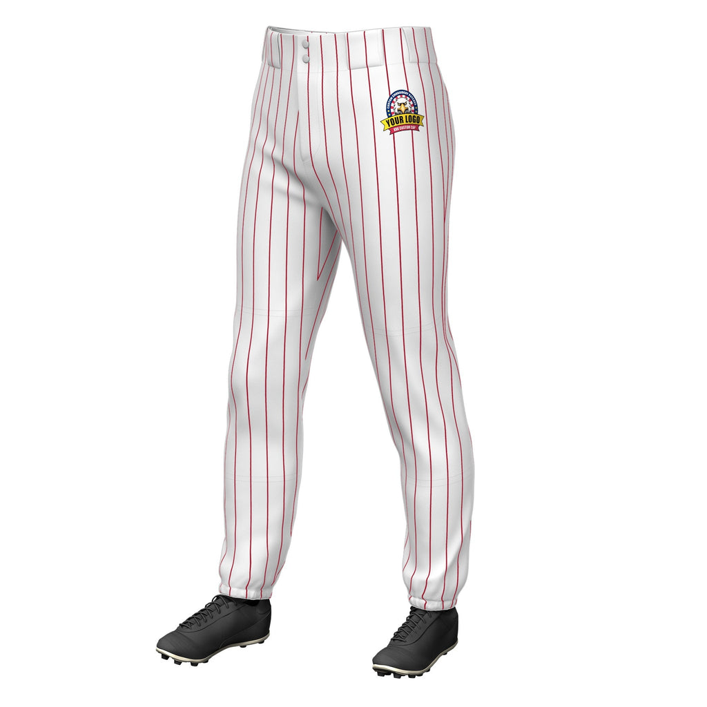 Custom White Red Pinstripe Fit Stretch Practice Pull Up Baseball Pants