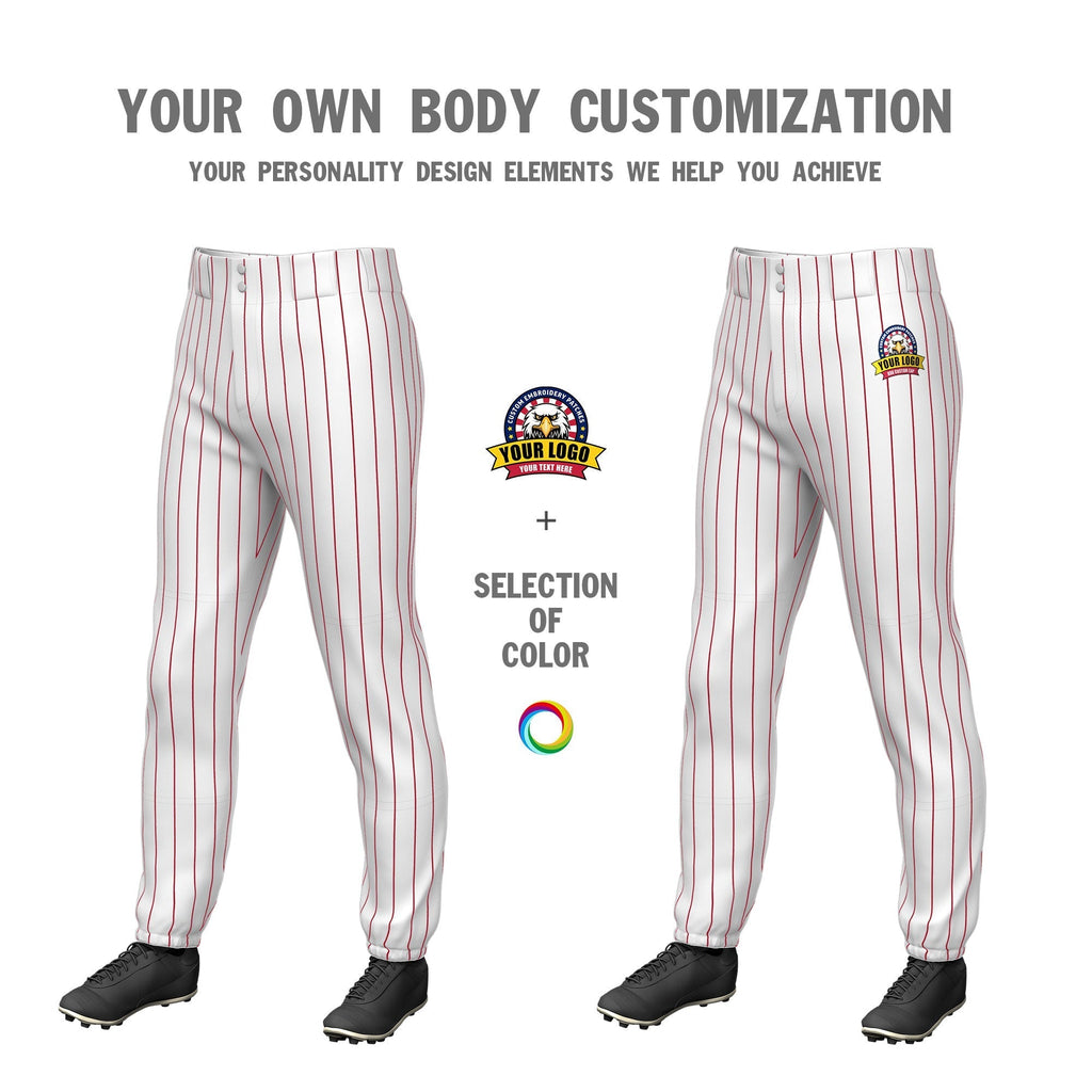 Custom White Red Pinstripe Fit Stretch Practice Pull Up Baseball Pants