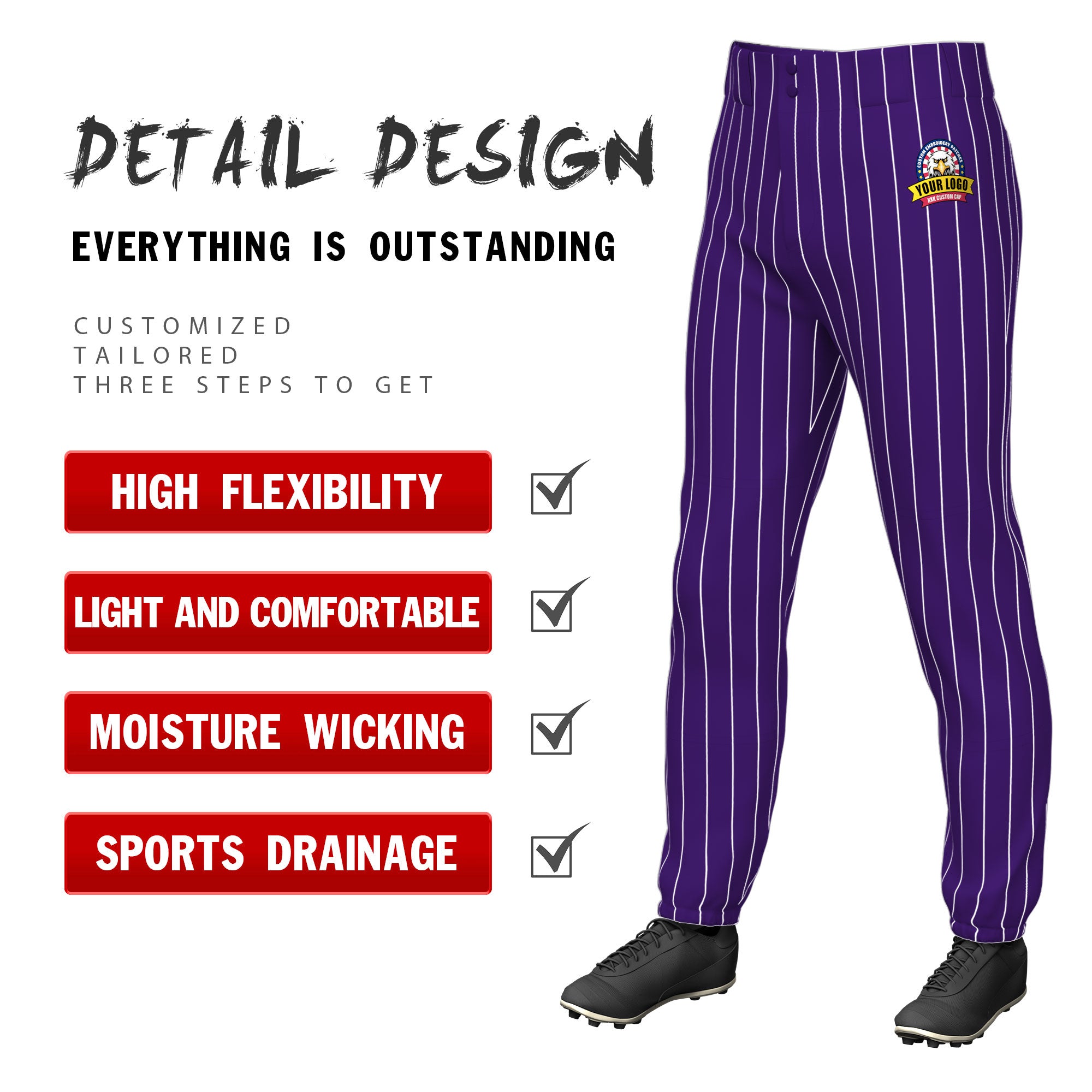 Custom Purple White Pinstripe Fit Stretch Practice Pull Up Baseball Pants