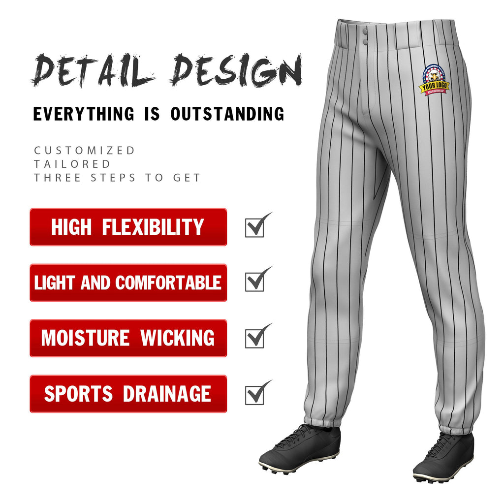 Custom Gray Black Pinstripe Fit Stretch Practice Pull Up Baseball Pants
