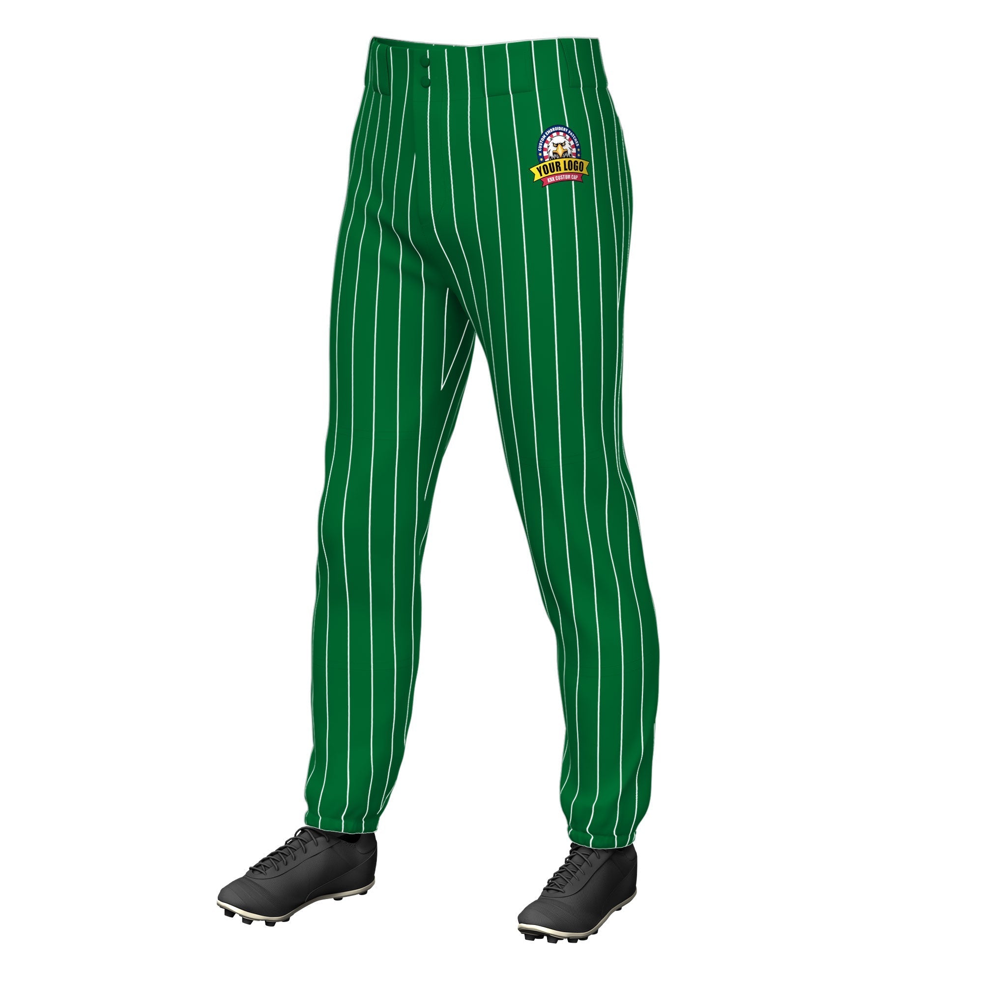 Custom Kelly Green White Pinstripe Fit Stretch Practice Pull Up Baseball Pants