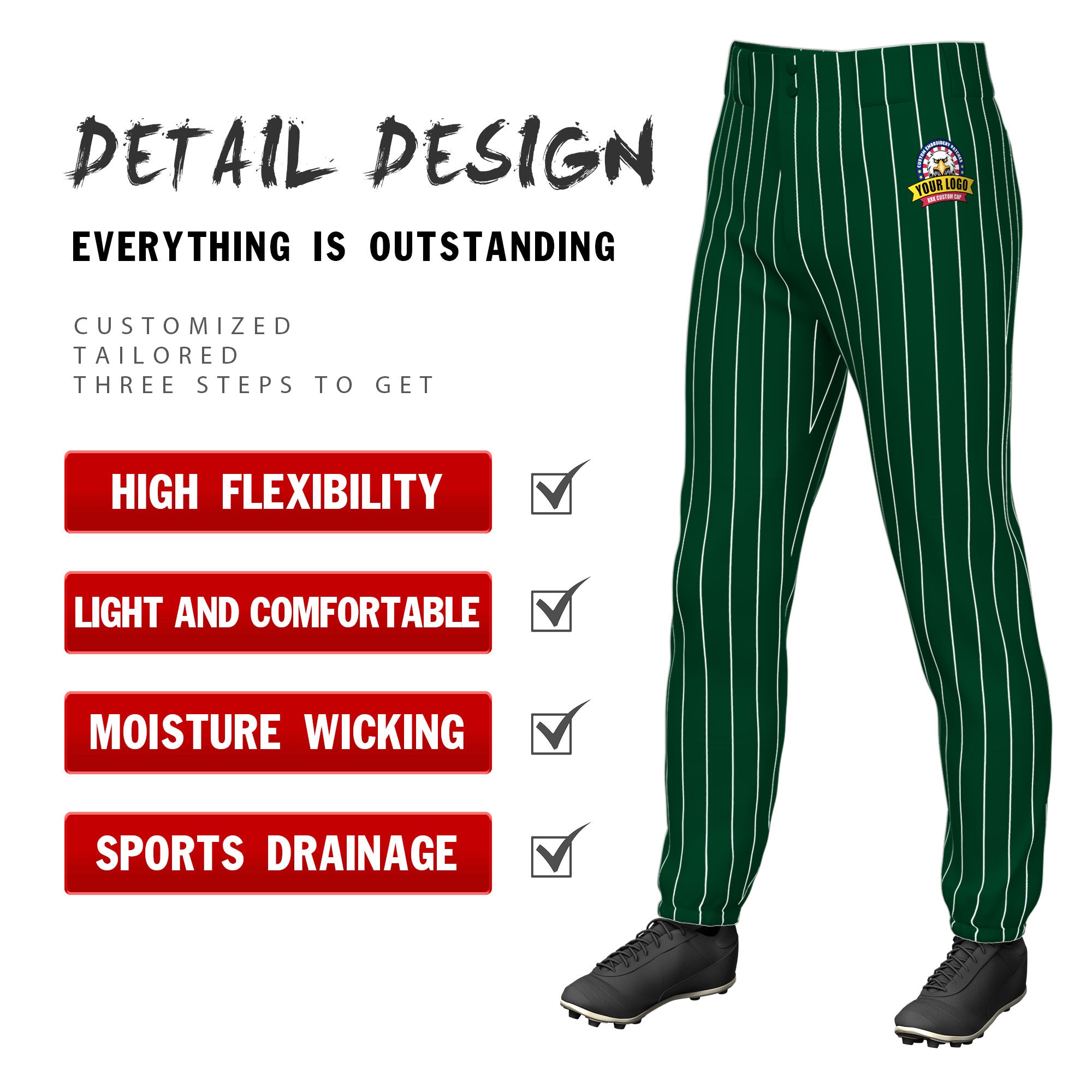Custom Green White Pinstripe Fit Stretch Practice Pull Up Baseball Pants
