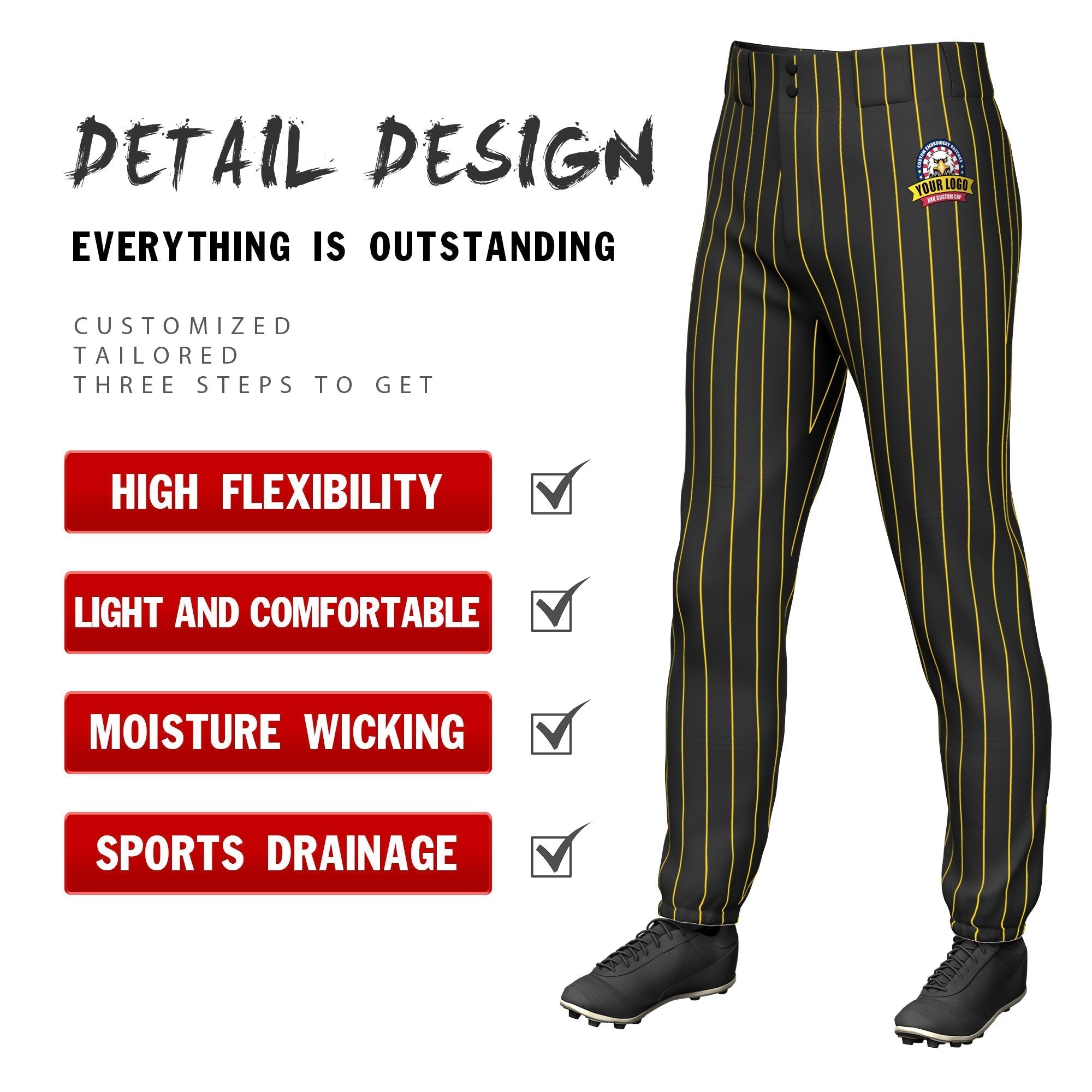 Custom Black Gold Pinstripe Fit Stretch Practice Pull Up Baseball Pants Secondary image