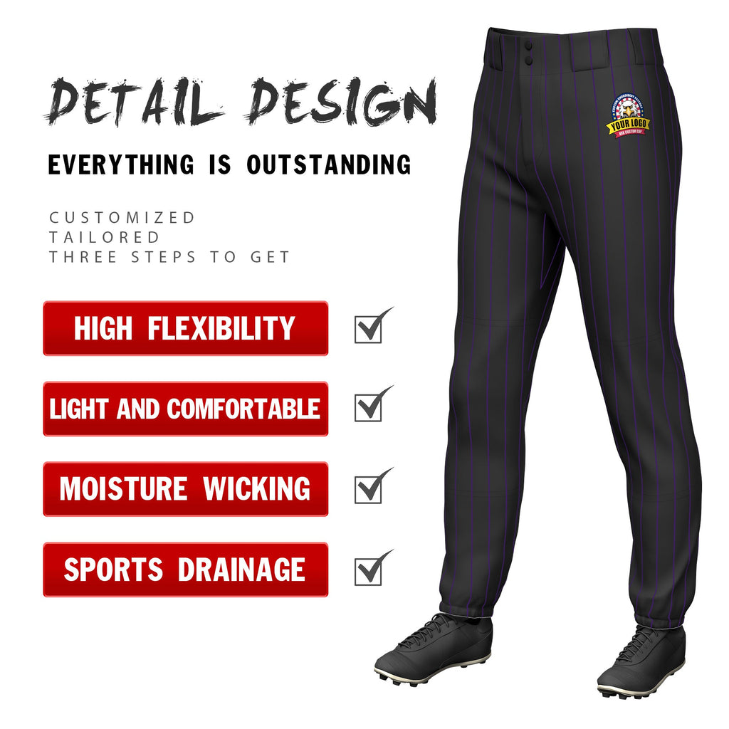 Custom Black Purple Pinstripe Fit Stretch Practice Pull Up Baseball Pants