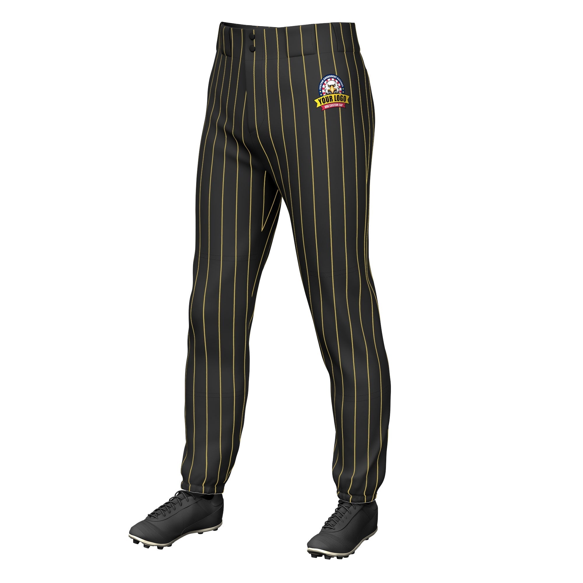 Custom Black Gold Pinstripe Fit Stretch Practice Pull Up Baseball Pants Main image