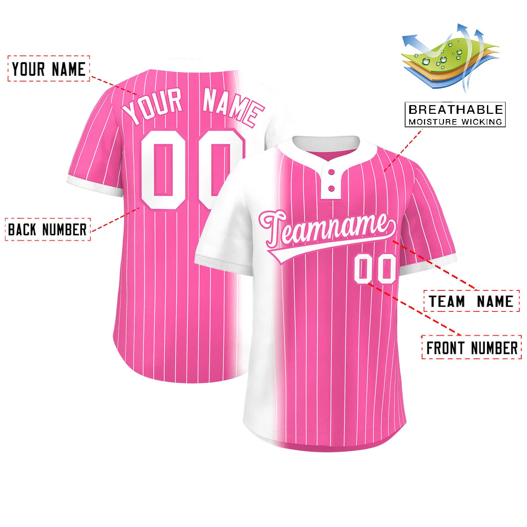 Custom White Pink Gradient Stripe Fashion Authentic Two-Button Softball Jersey Secondary image