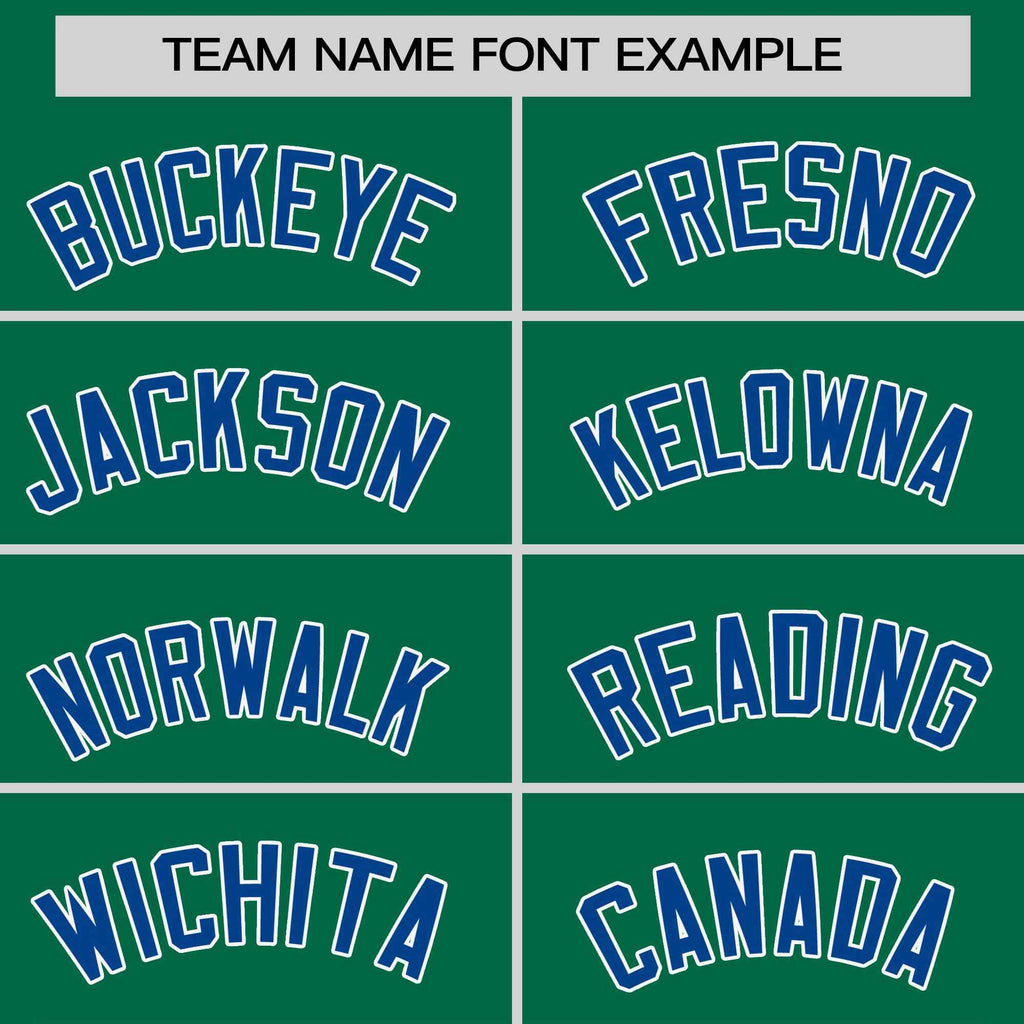 Custom Kelly Green Royal-White Stripe Fashion Raglan Sleeves Authentic Two-Button Softball Jersey