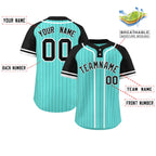 Custom Aqua Black-White Stripe Fashion Raglan Sleeves Authentic Two-Button Softball Jersey