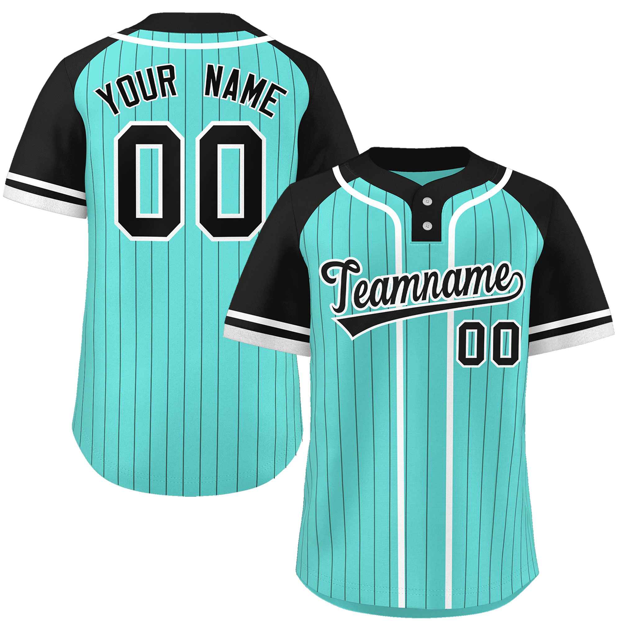 Custom Aqua Black-White Stripe Fashion Raglan Sleeves Authentic Two-Button Softball Jersey Main image