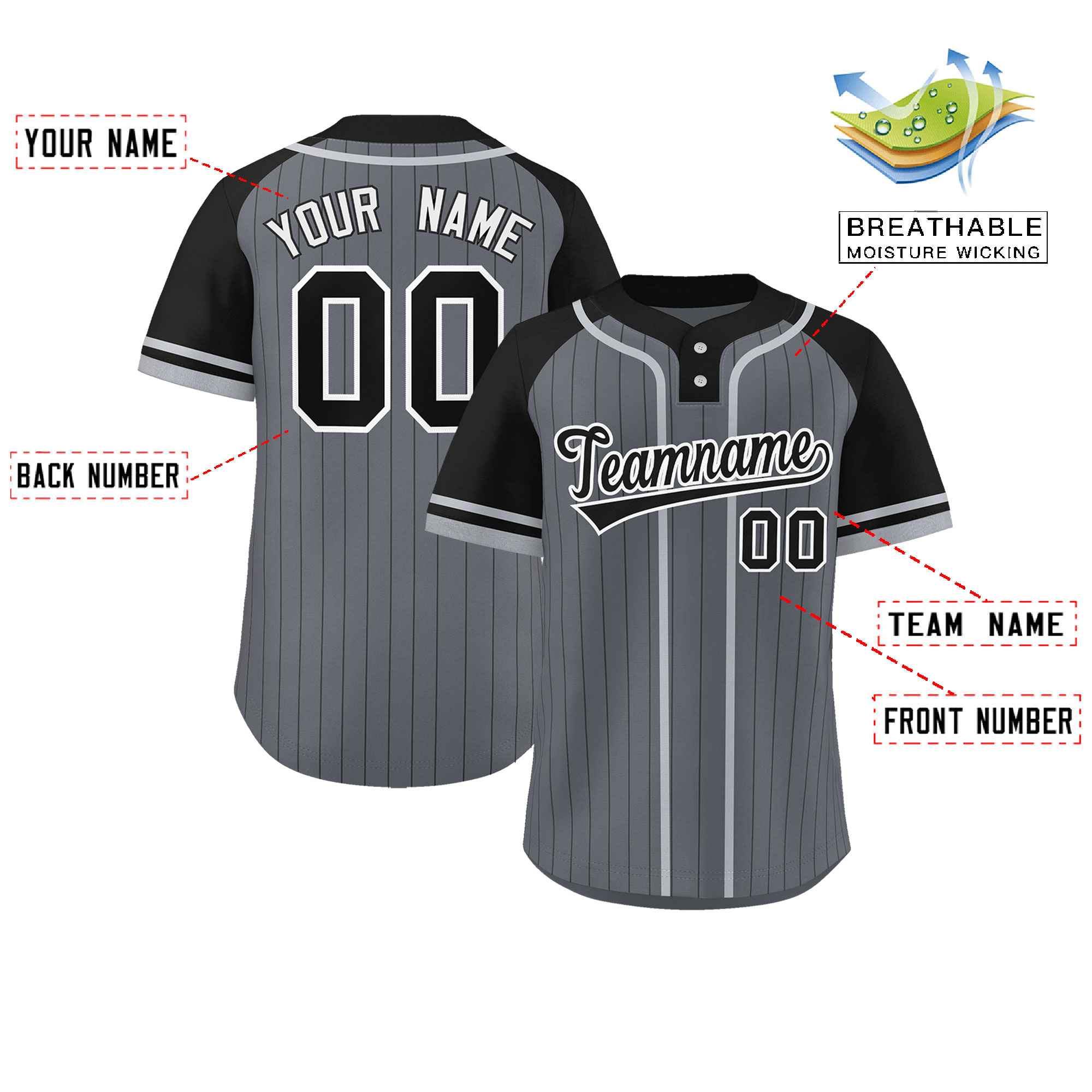 Custom Dark Gray Black-Gray Stripe Fashion Raglan Sleeves Authentic Two-Button Softball Jersey Secondary image