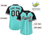 Custom Aqua Black-White Stripe Fashion Raglan Sleeves Authentic Two-Button Softball Jersey