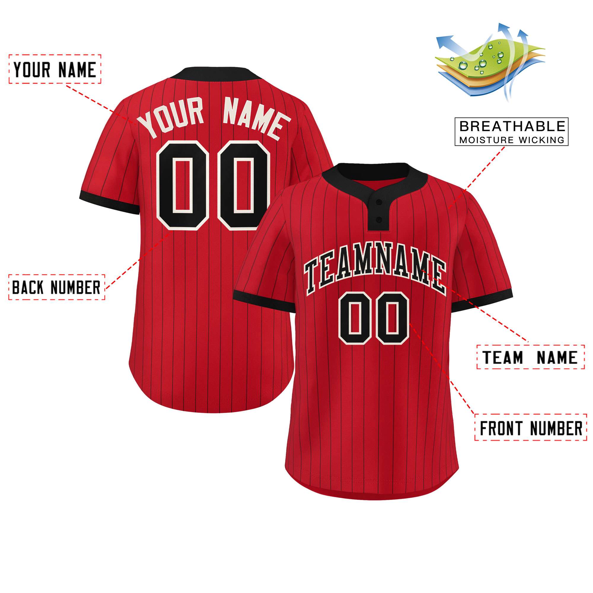 Custom Red Black Stripe Fashion Authentic Two-Button Softball Jersey