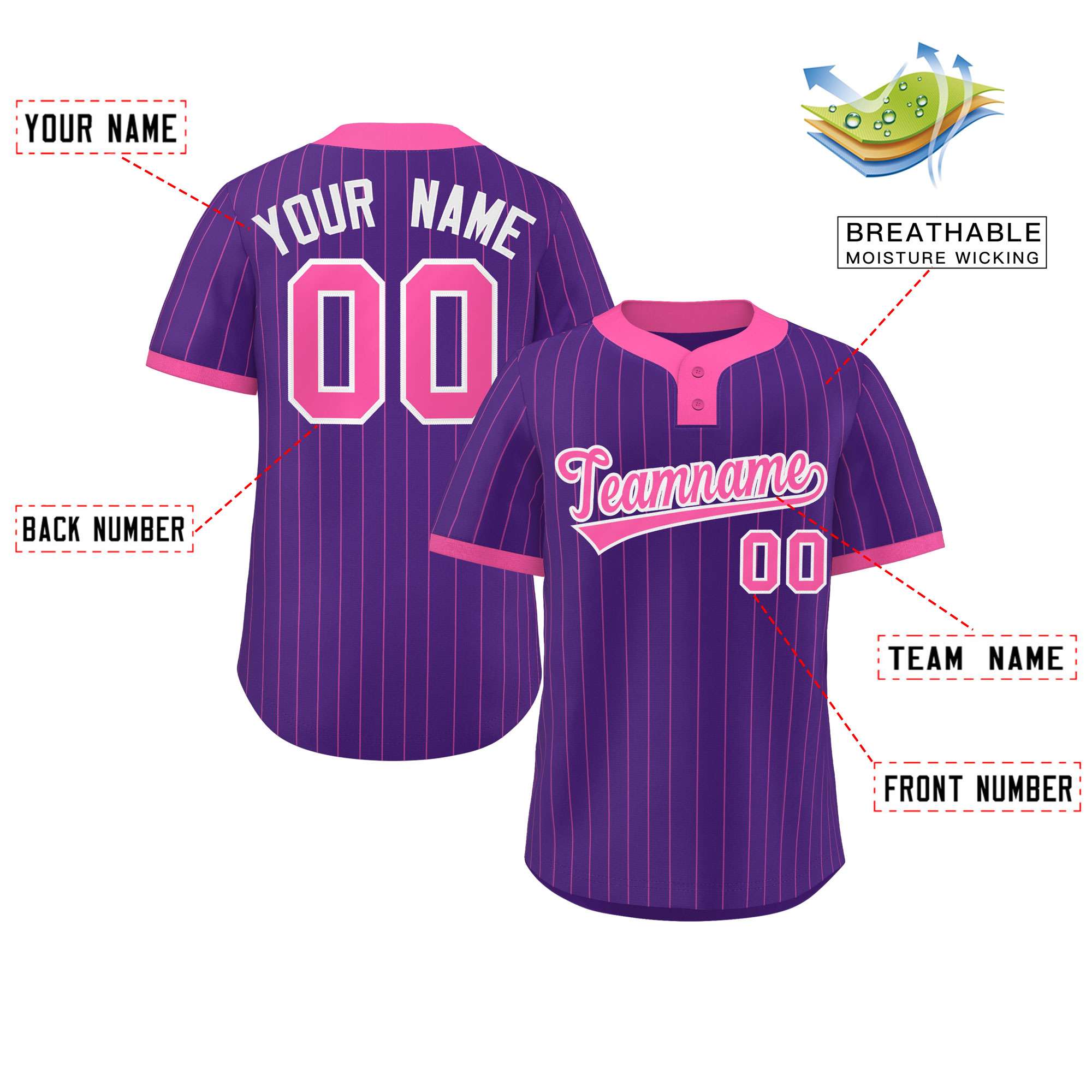 Custom Purple Pink Stripe Fashion Authentic Two-Button Softball Jersey Secondary image