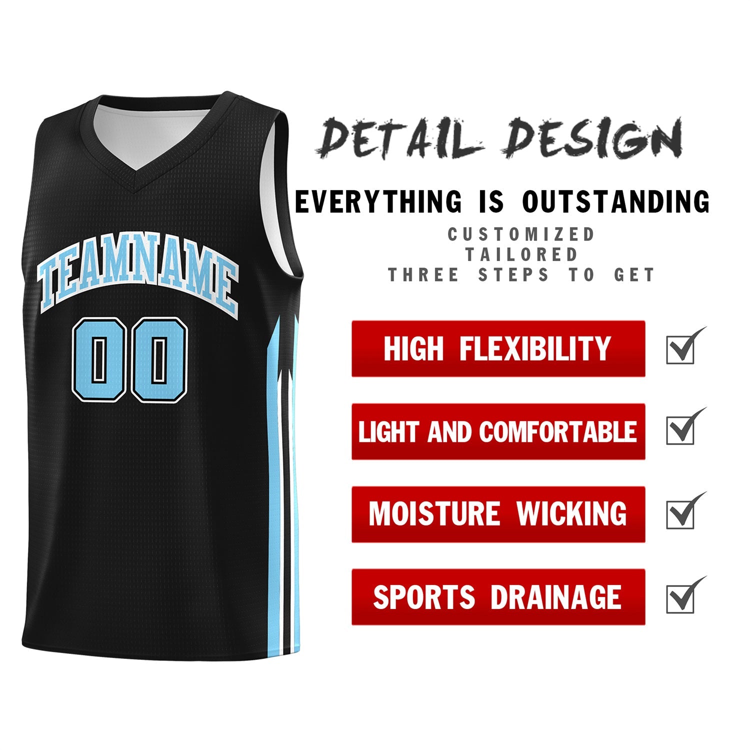 Custom Black Light Blue Classic Tops Athletic Casual Basketball Jersey