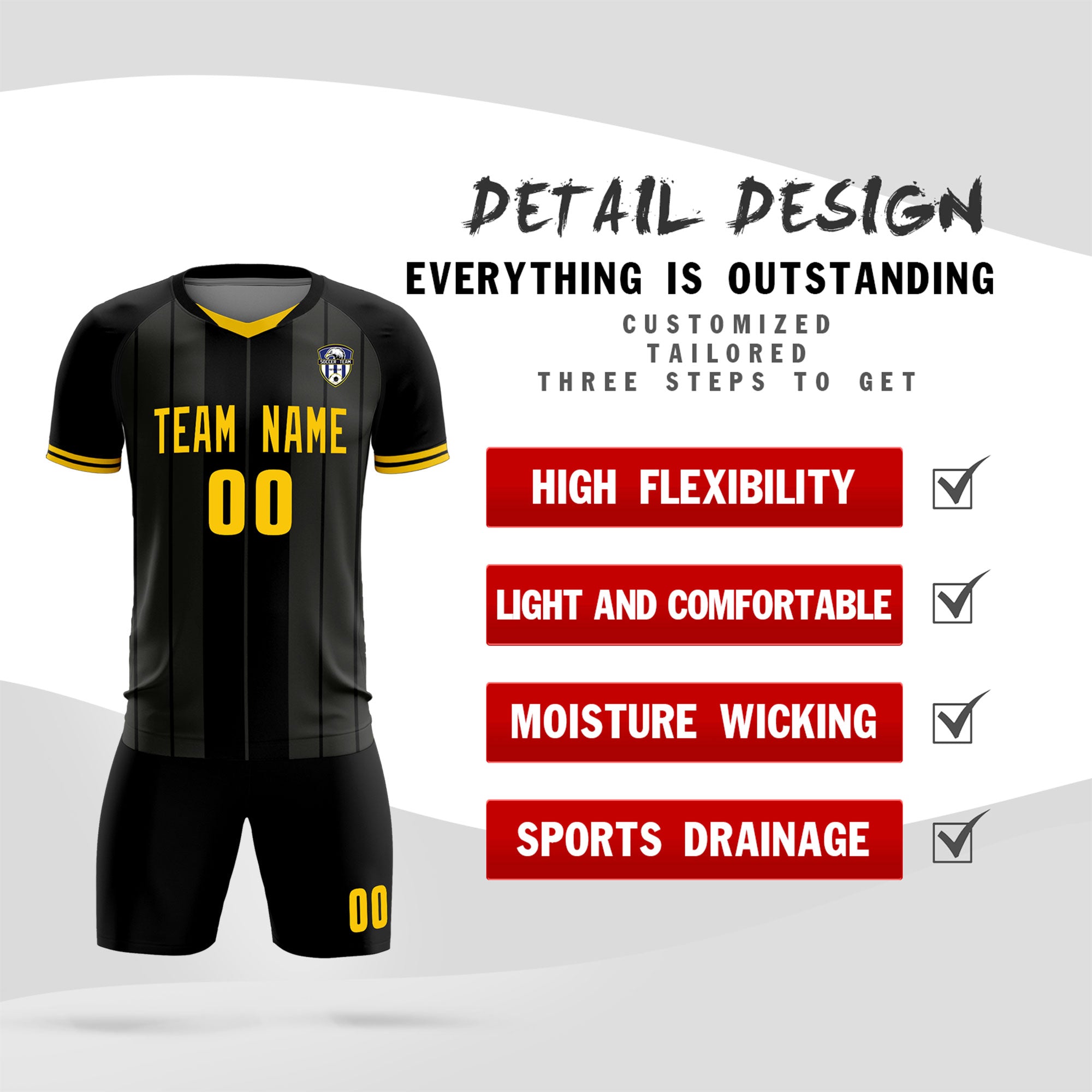 Custom Black Classic Striped Personalized Soccer Tops/Sets Jersey