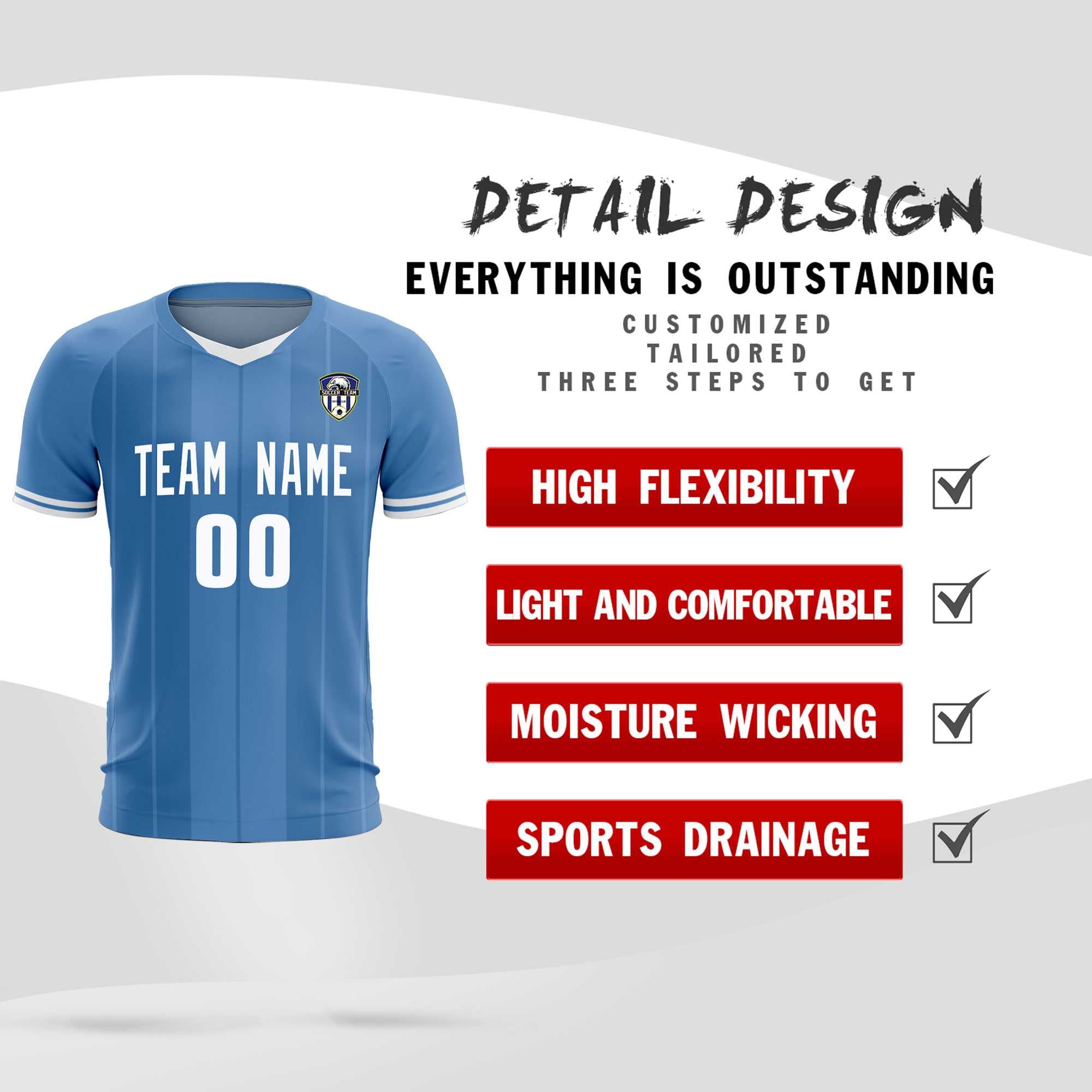 Custom Light Blue Classic Striped Personalized Soccer Tops/Sets Jersey