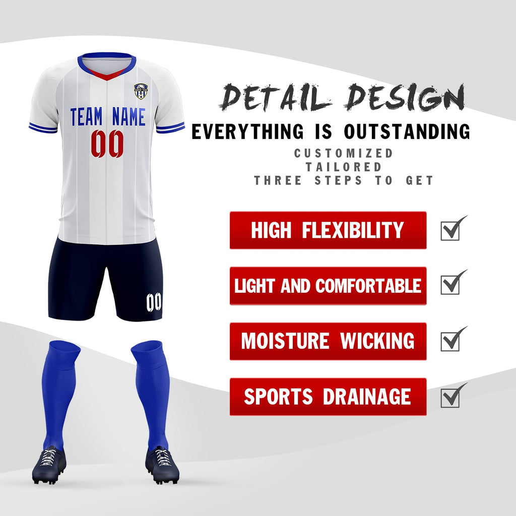 Custom White Classic Striped Personalized Soccer Tops/Sets Jersey