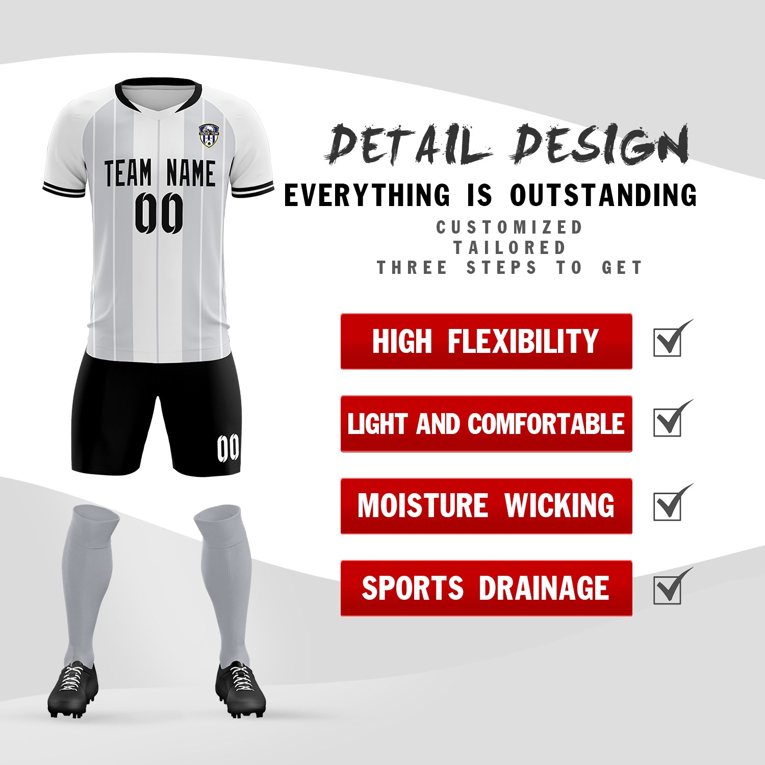 Custom White Classic Striped Personalized Soccer Tops/Sets Jersey