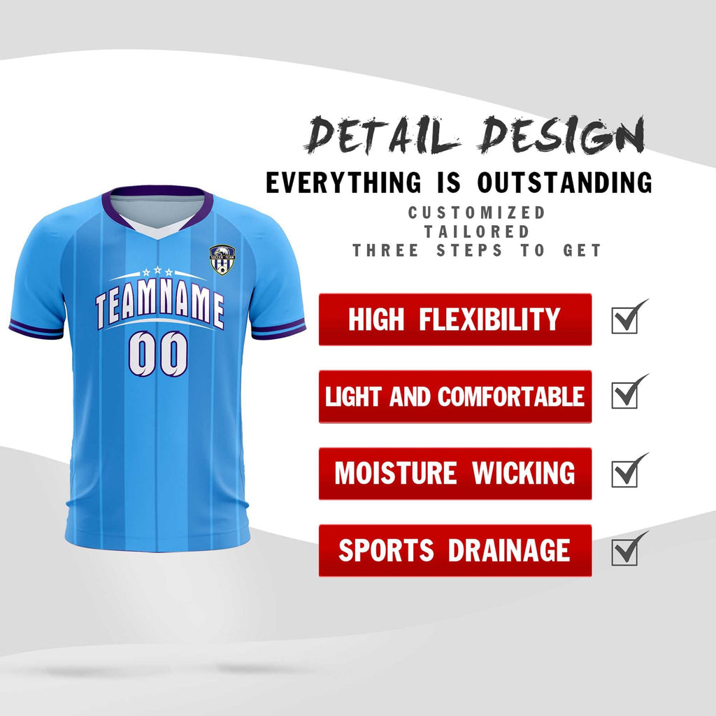 Custom Powder Blue Classic Striped Personalized Soccer Tops/Sets Jersey
