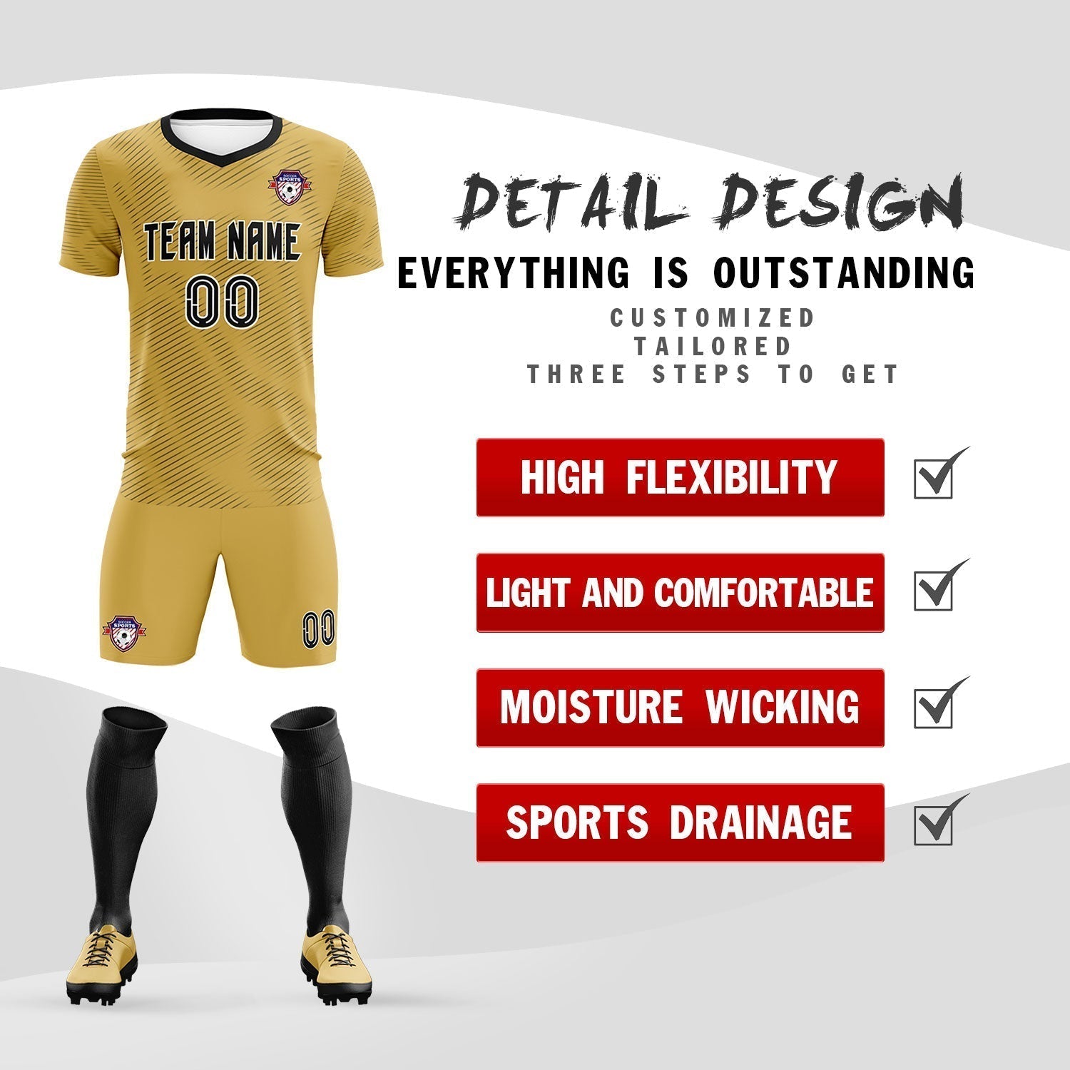 Custom Old Gold Black Training Uniform For Men Soccer Sets Jersey