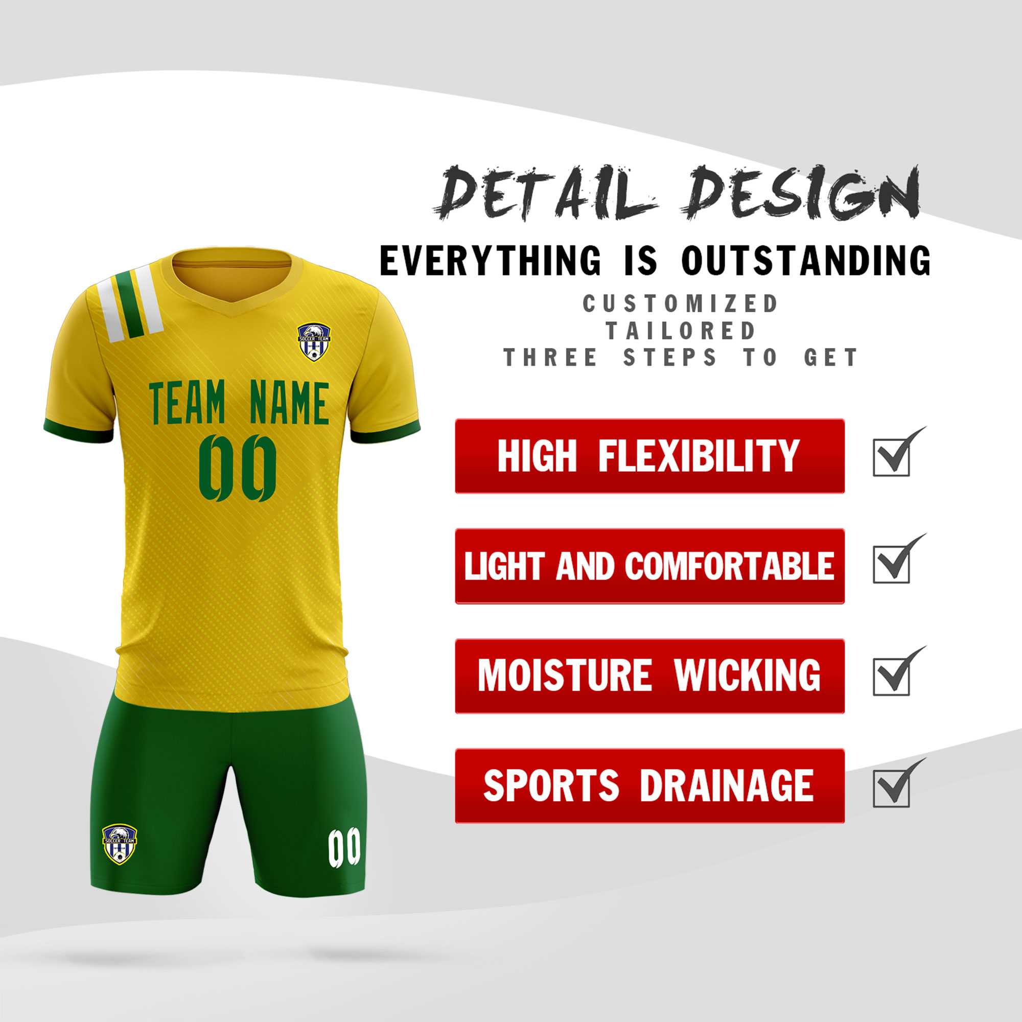 Custom Gold Striped Sportswear Soccer Tops/Sets Jersey For Adults