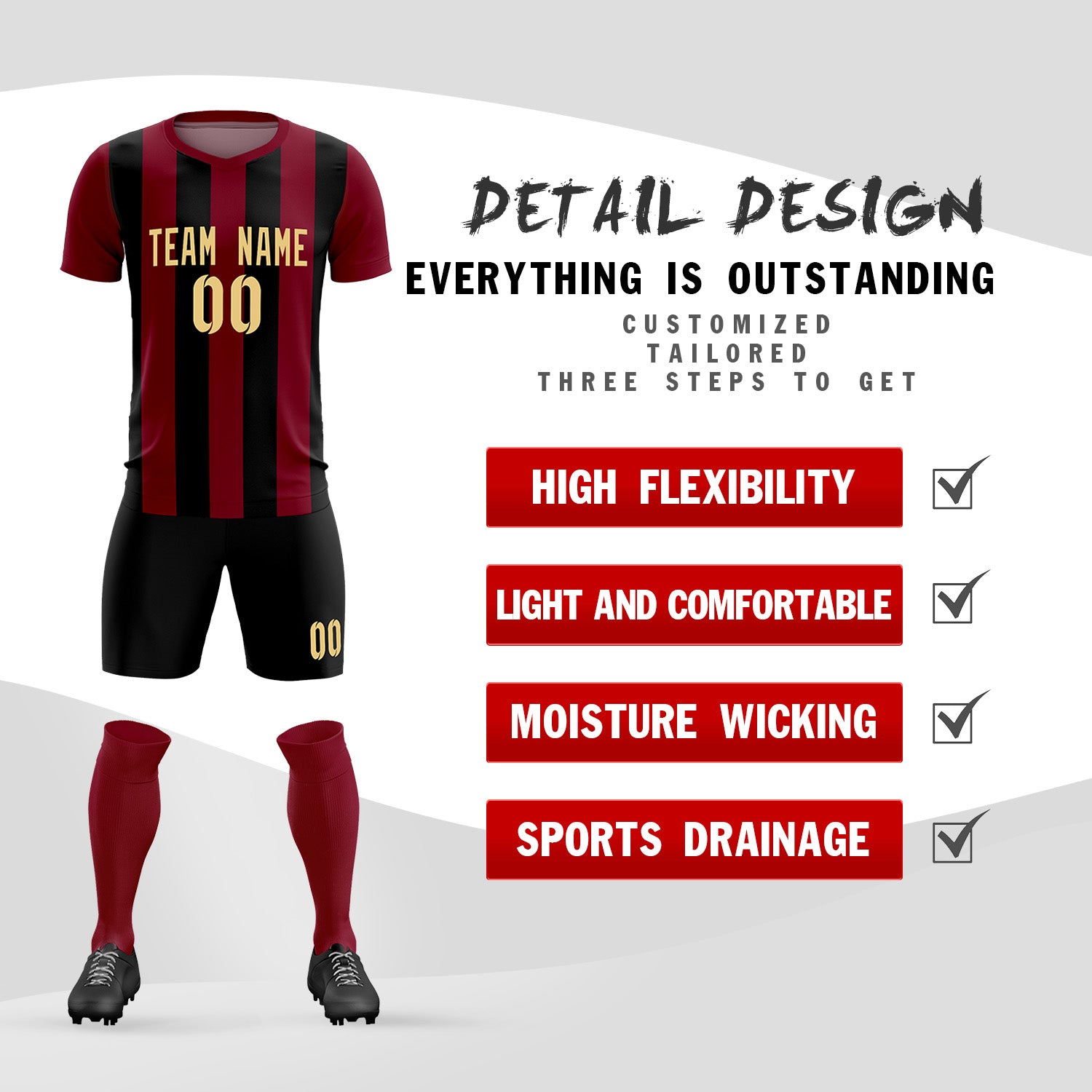 Custom Crimson Black Vertical Stripes Casual Outdoor Soccer Sets Jersey