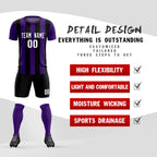 Custom Purple Black Vertical Stripes Casual Outdoor Soccer Sets Jersey