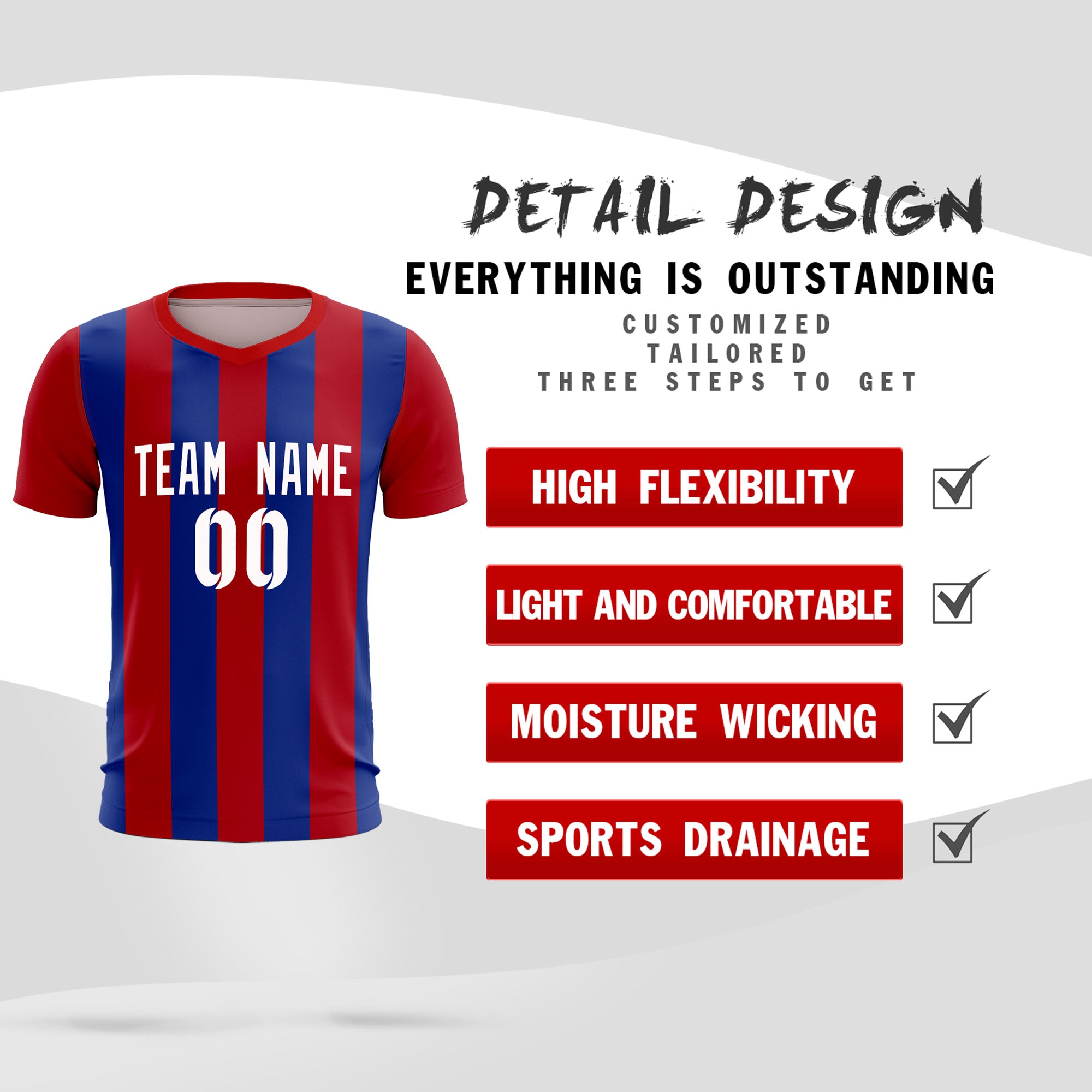 Custom Red Royal Vertical Stripes Casual Outdoor Soccer Sets Jersey