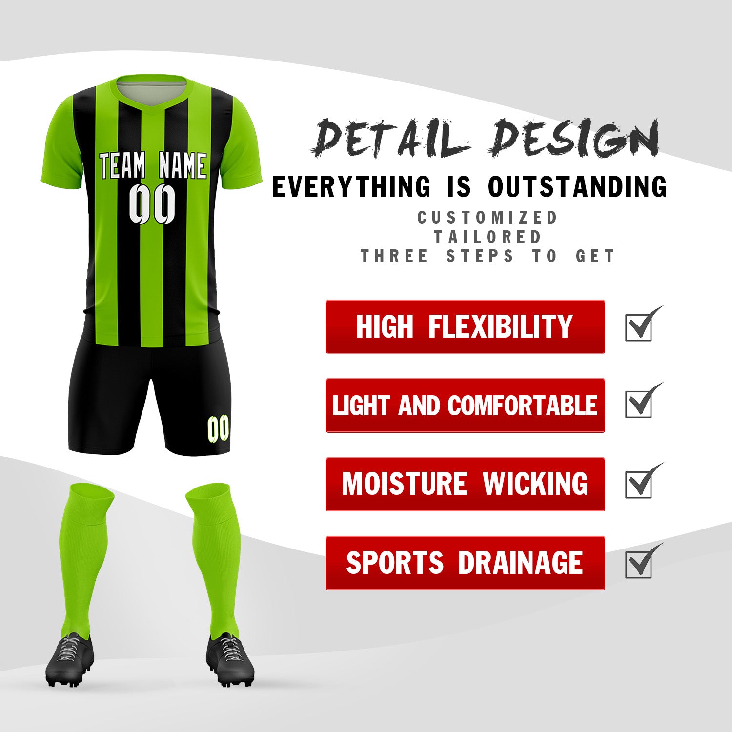 Custom Neon Green Black Vertical Stripes Casual Outdoor Soccer Sets Jersey