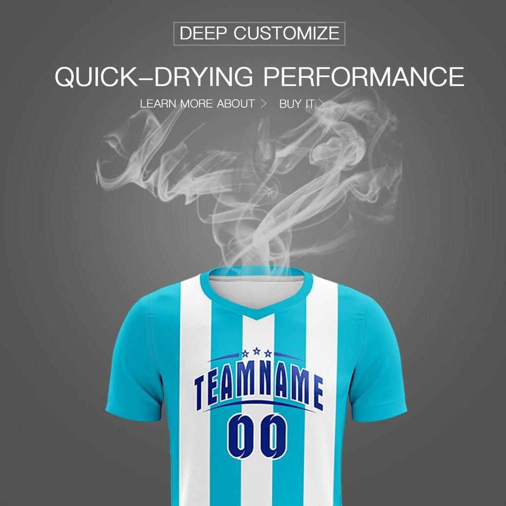 Custom White Sky Blue Vertical Stripes Casual Outdoor Soccer Sets Jersey